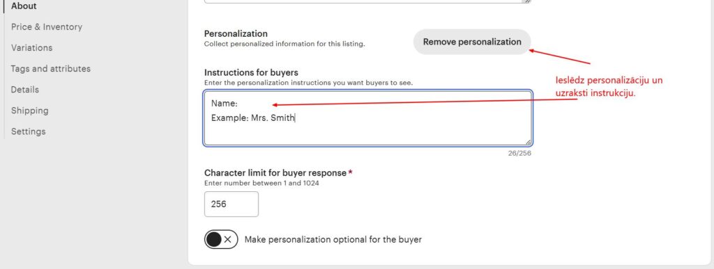 Personalizācijas pievienošana tavam ekomercijas veikalam Etsy