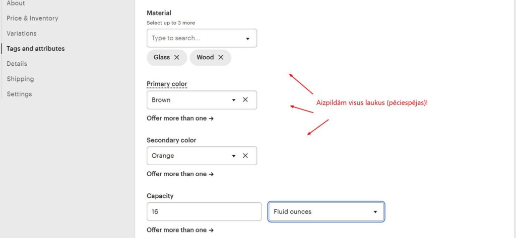 ekomercijas produkta ievietošanai neieciešams aizpildīt visus laukus etsy