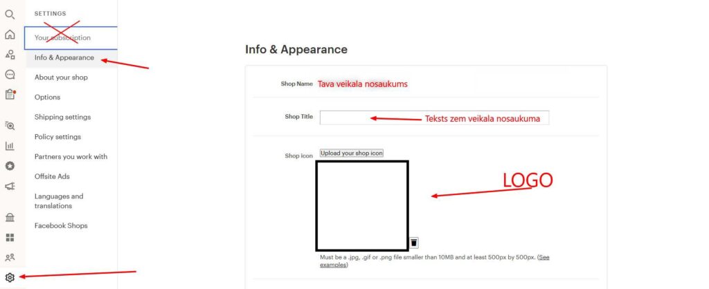 Ekomercijas veikala settings, logo ievietošana